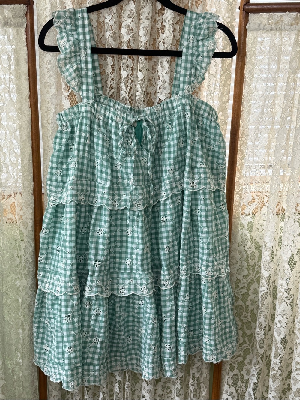 Altar'd State Cotton Green Gingham Babydoll Tiered Sundress